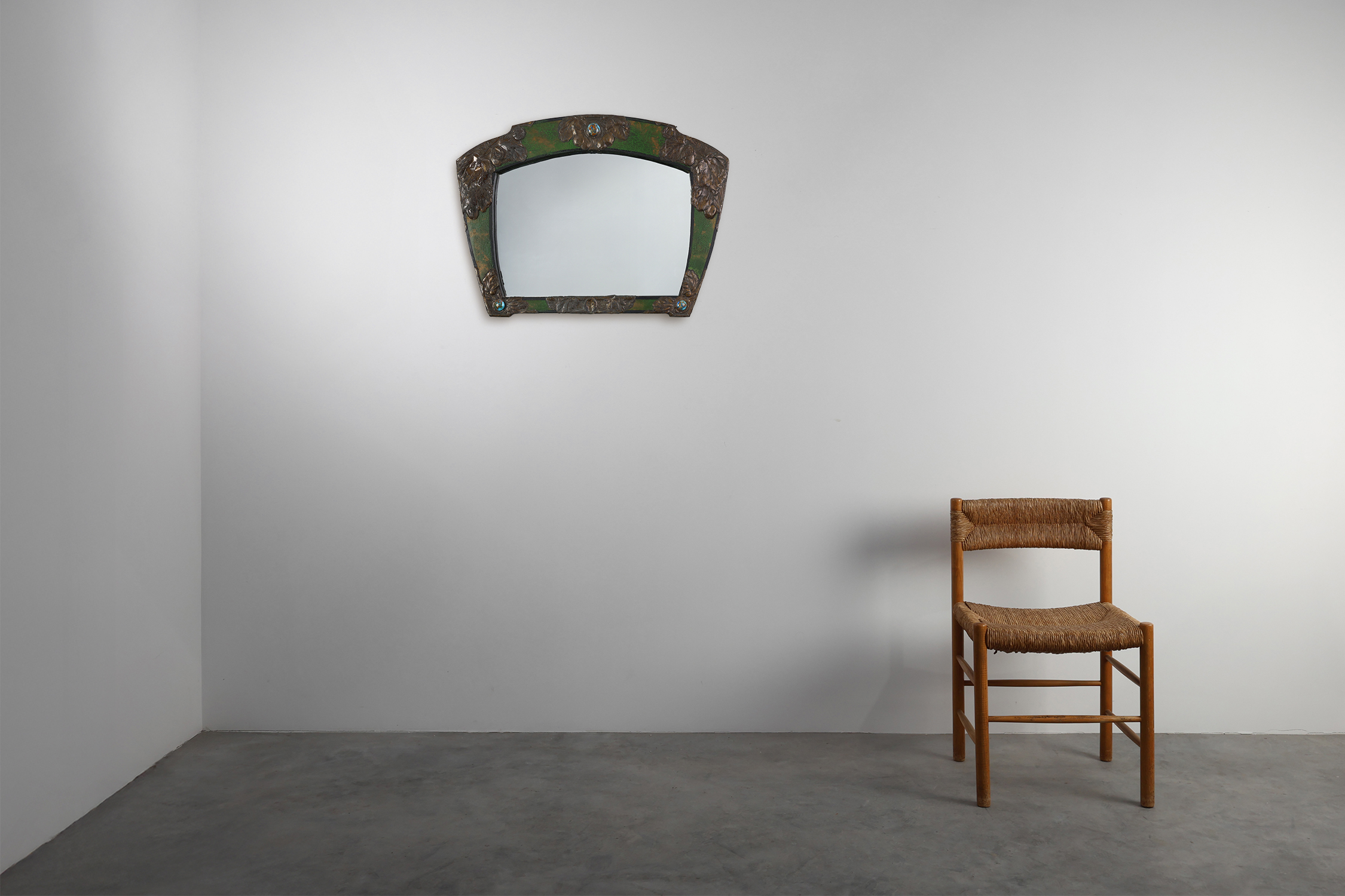 Arts & Crafts Mirror in green metal with glass decoration, France ca. 1905 thumbnail